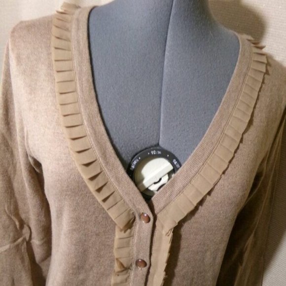 MERONA Cardigan sweater S Warm Brown Pleated V-neck ruffles Tight-knit Long slv - Picture 1 of 9